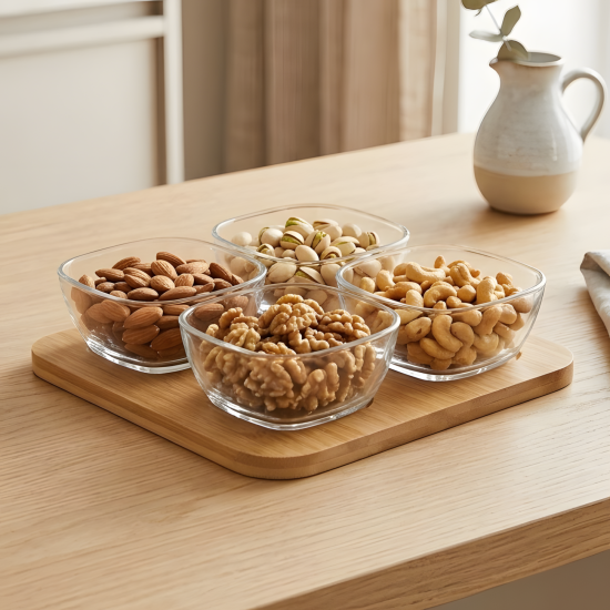 Glass Bowl Set with Wooden Base 4 Pcs